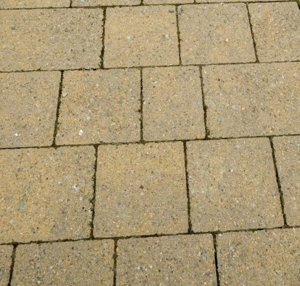 Paved pathway with a sample label showing "LISMORE CURRAGH GOLD" next to a section of loose small golden stones.