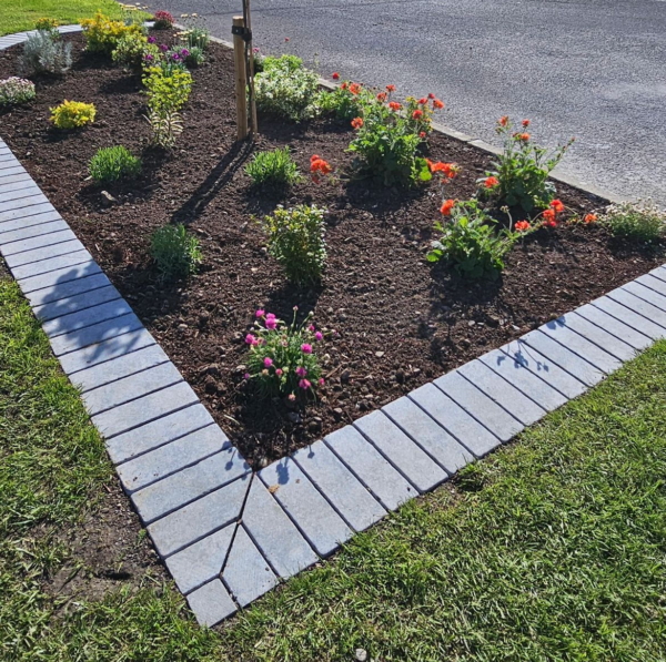 A landscaped flower bed featuring various colorful plants and flowers, bordered by gray paving stones, with a small tree in the center. In the background, a building with a flag and road signage is visible.