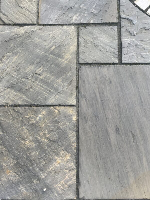 A textured surface of gray stone tiles with varying shades and patterns, arranged in a haphazard manner.