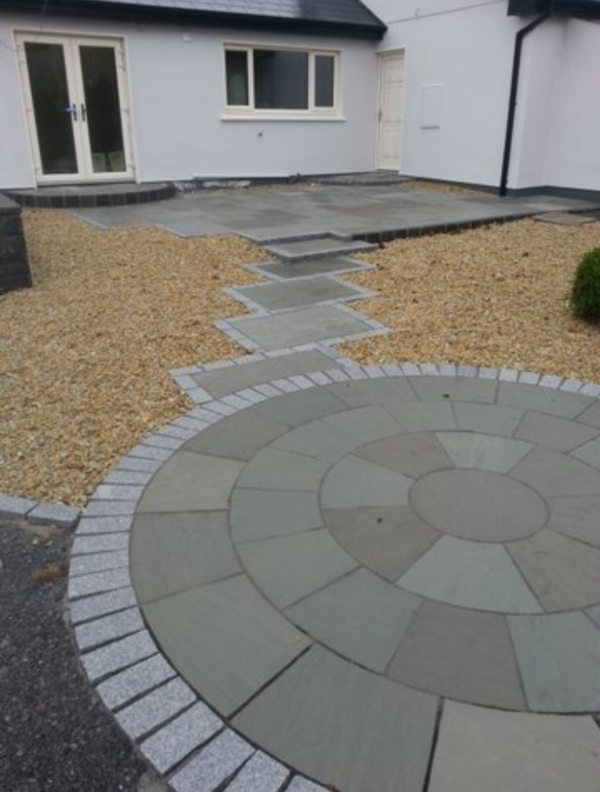 A landscaped area featuring a circular stone pattern, stone pathway, and gravel, in front of a modern white house with a dark roof and large windows.