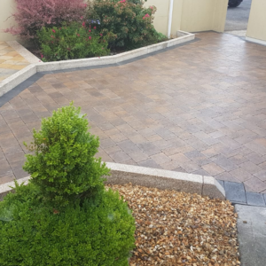 A landscaped outdoor area featuring patterned paving stones, bordered by a low stone wall, with colorful shrubs and a rounded green bush, and a house exterior in the background.